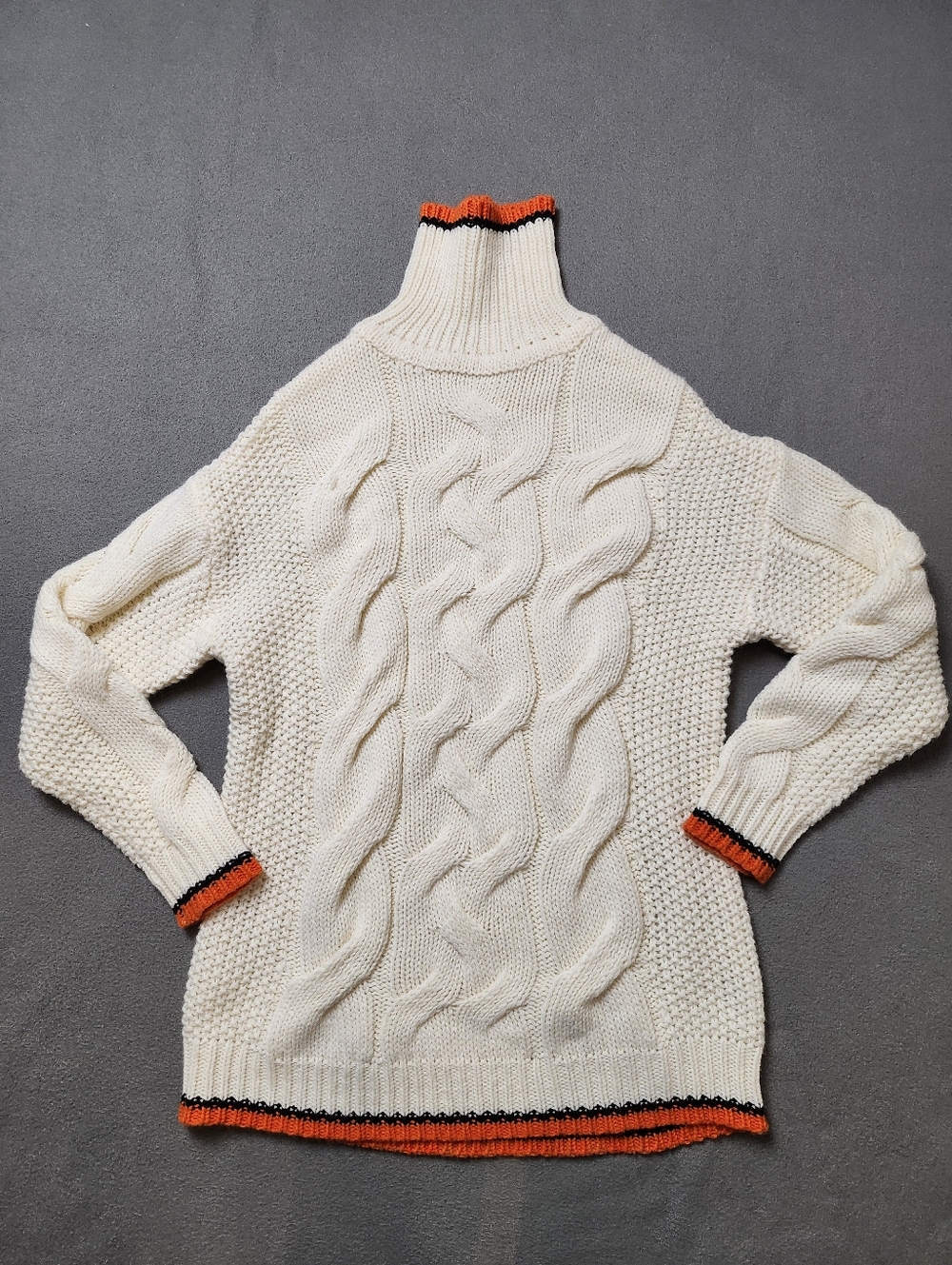 Peacebird Cream Cable-Knit Turtleneck Sweater with Orange Trim Wool Blend